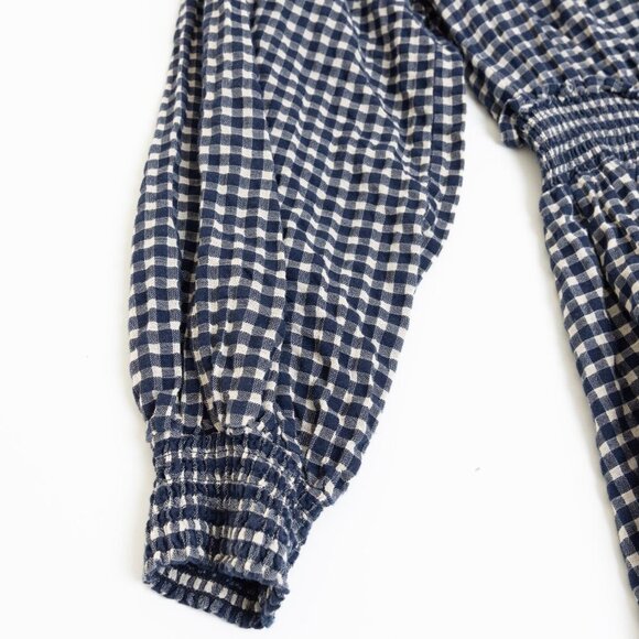 Zara Gingham Check Mini Dress Navy White Smocked Waist 100% Cotton - Picture 7 of 12